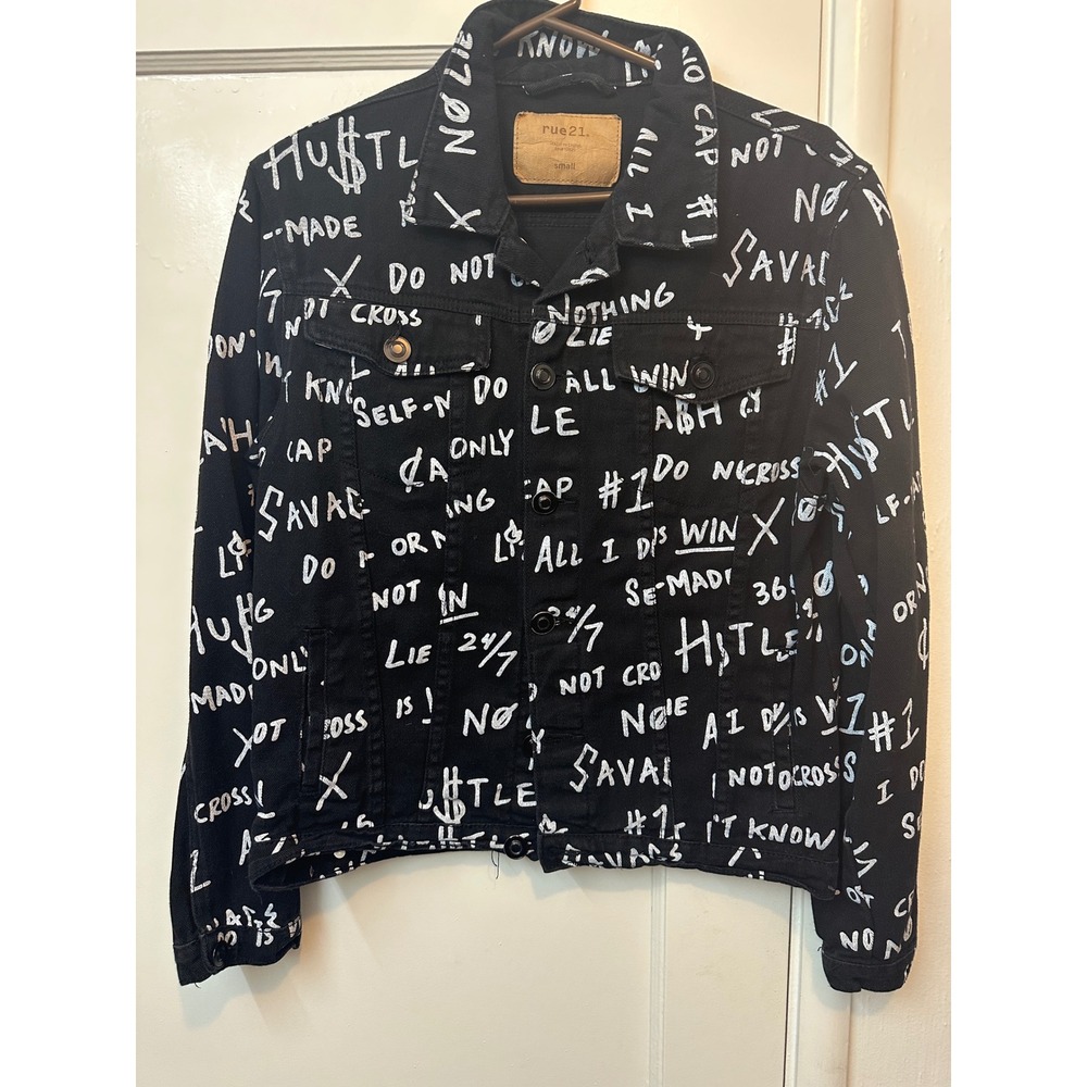 Rue21 Womens Small Black Graffiti Print Denim Trucker Jacket Streetwear Hustle